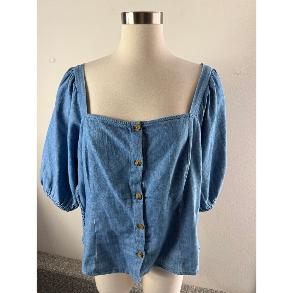 Old Navy Womens XL Tall Blue Denim Puff Sleeve Square Neck Button Front Blouse